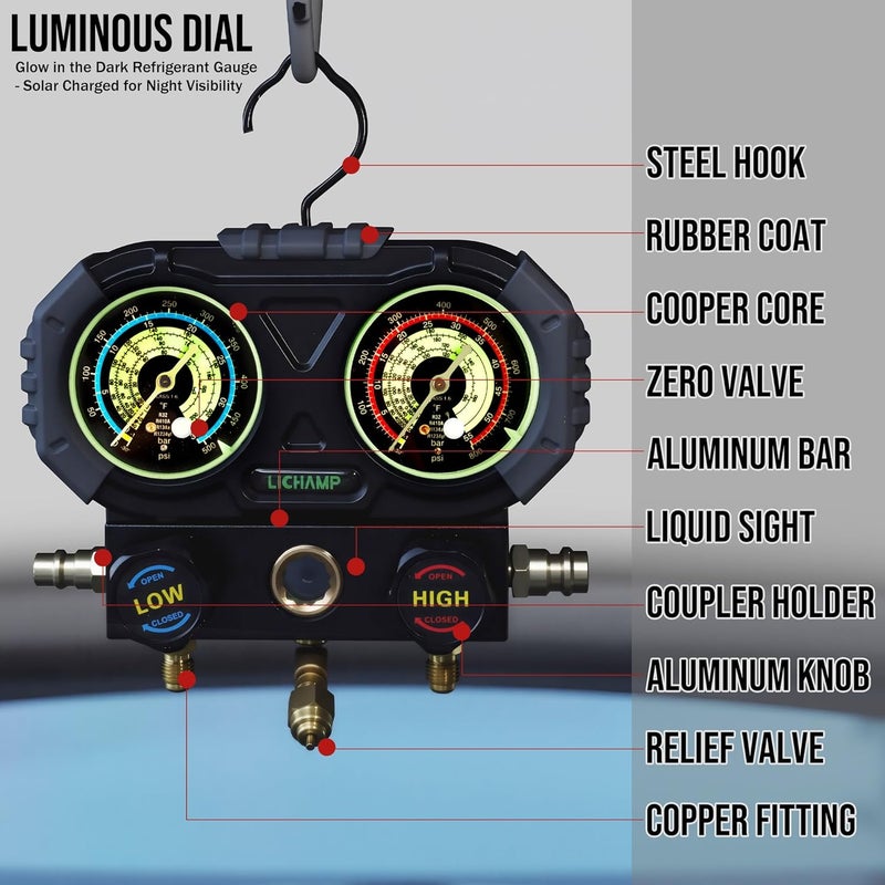 Lichamp AC R134A Gauge Set, Automotive Manifold Gauge Compatible with R32 R134A and R410 Refrigerants, Works on Car Freon Charging and Evacuation - Image 2